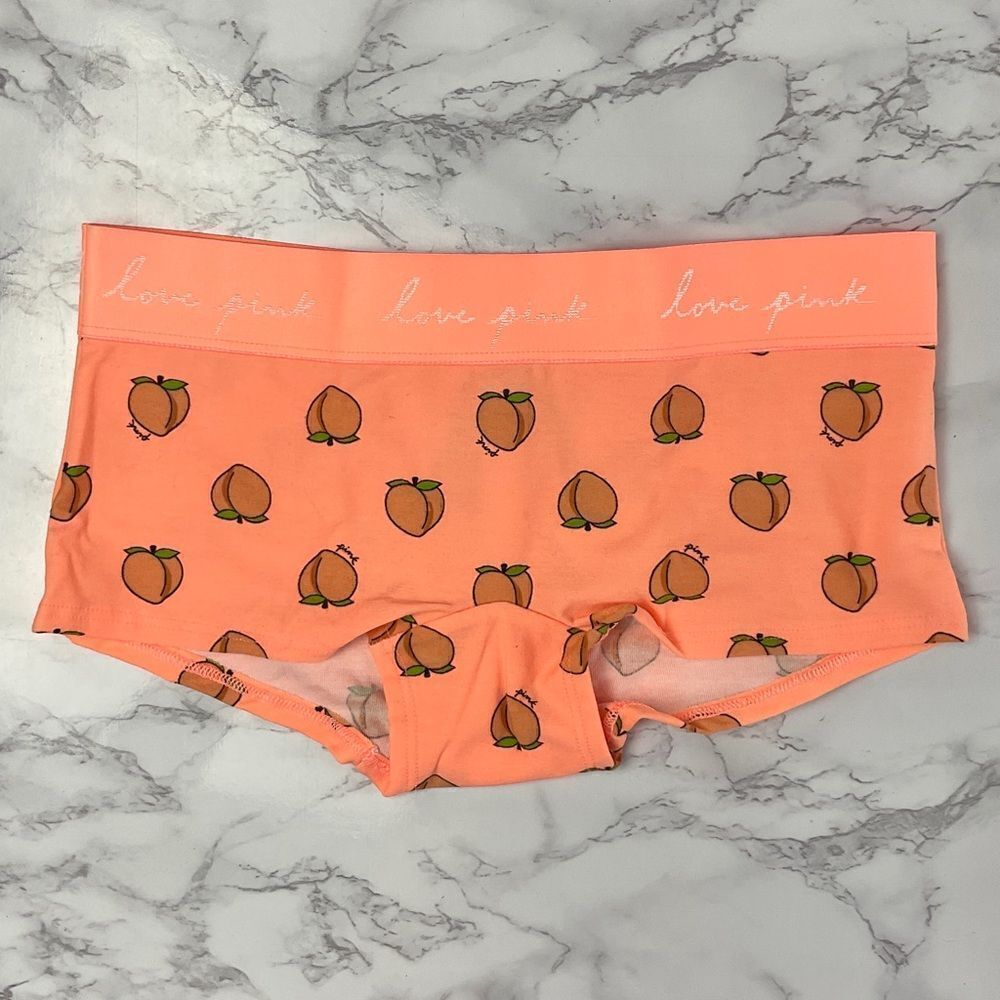 Pink Victoria’s Secret Peach Print Logo Boyshort Panty XS NWT